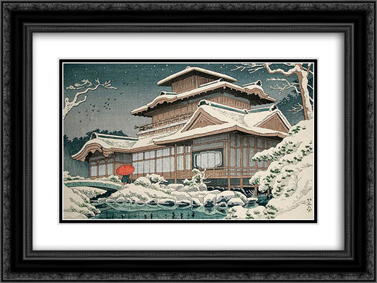 Snow at Hiunkaku Temple, Kyoto 24x18 Black Ornate Wood Framed Art Print Poster with Double Matting by Takeji, Asano