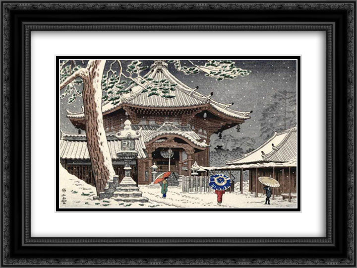 Snow at Nan - endo Temple, Nara 24x18 Black Ornate Wood Framed Art Print Poster with Double Matting by Takeji, Asano