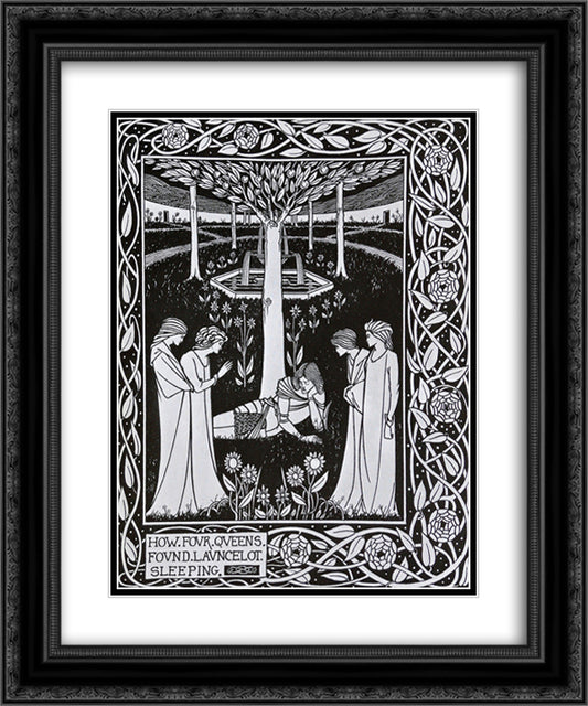 How Four Queens found Launcelot Sleeping 20x24 Black Ornate Wood Framed Art Print Poster with Double Matting by Beardsley, Aubrey