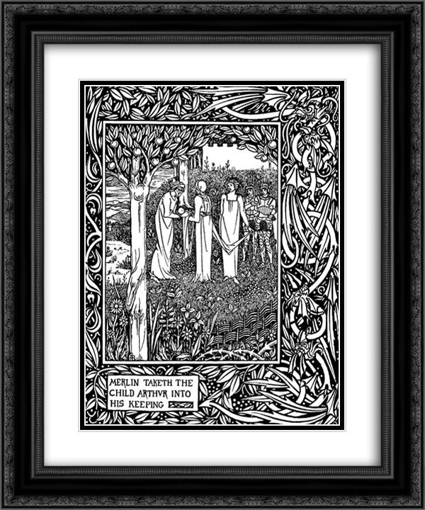 Merlin Taketh the Child Arthur into His Keeping 20x24 Black Ornate Wood Framed Art Print Poster with Double Matting by Beardsley, Aubrey