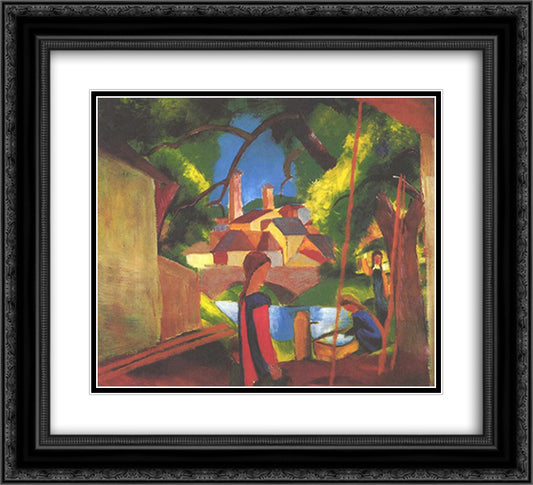 Children at the fountain 22x20 Black Ornate Wood Framed Art Print Poster with Double Matting by Macke, August