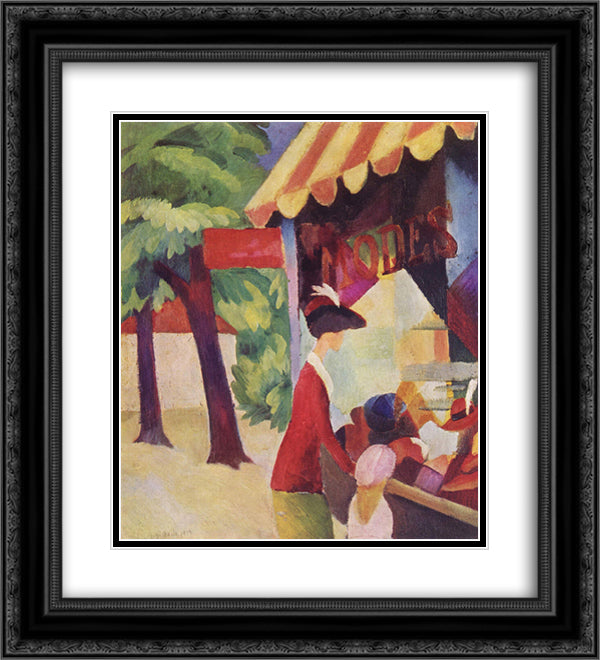 In front of the hat shop (woman with red jacket and child) 20x22 Black Ornate Wood Framed Art Print Poster with Double Matting by Macke, August