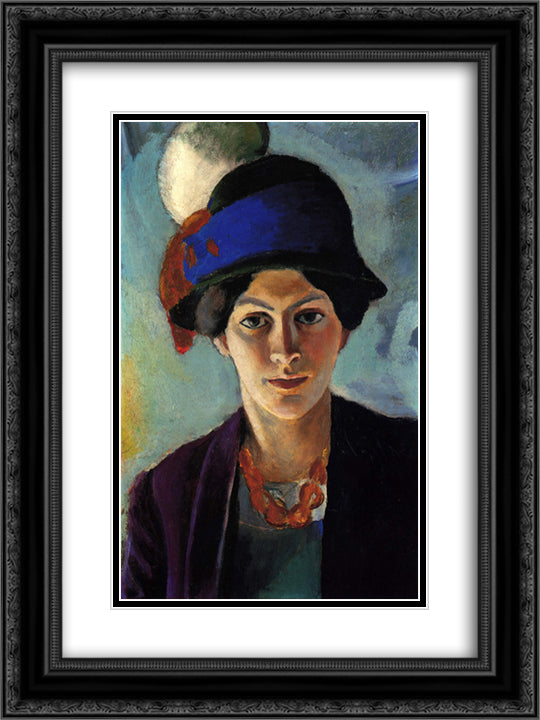 Portrait of the artist's wife with a hat 18x24 Black Ornate Wood Framed Art Print Poster with Double Matting by Macke, August