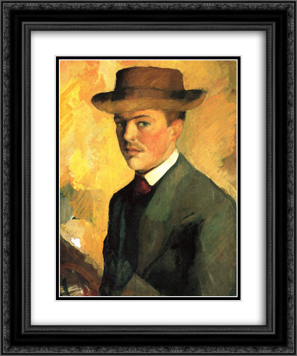 Self-Portrait with Hat 20x24 Black Ornate Wood Framed Art Print Poster with Double Matting by Macke, August