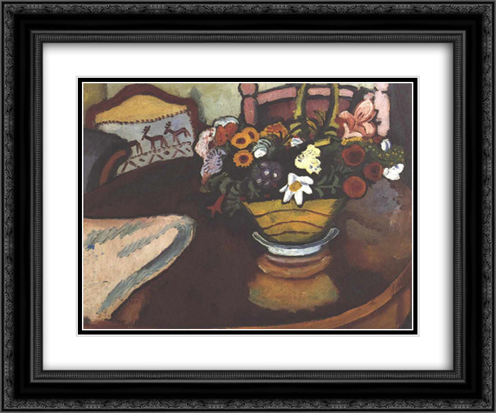 Still life with pillow with deer decor and a bouquet 24x20 Black Ornate Wood Framed Art Print Poster with Double Matting by Macke, August