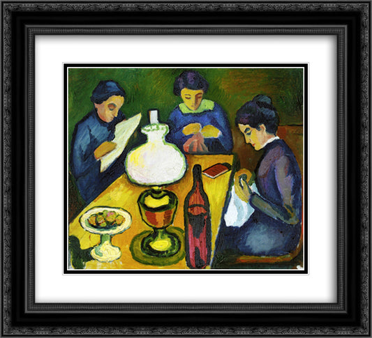 Three Women at the Table by the Lamp 22x20 Black Ornate Wood Framed Art Print Poster with Double Matting by Macke, August