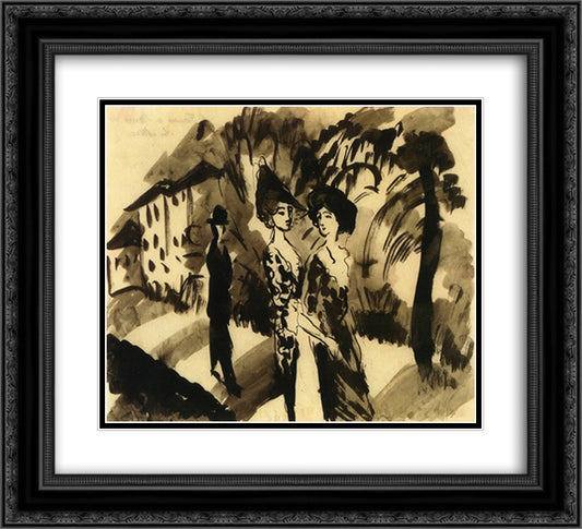 Two Women and a Man on an Avenue 22x20 Black Ornate Wood Framed Art Print Poster with Double Matting by Macke, August