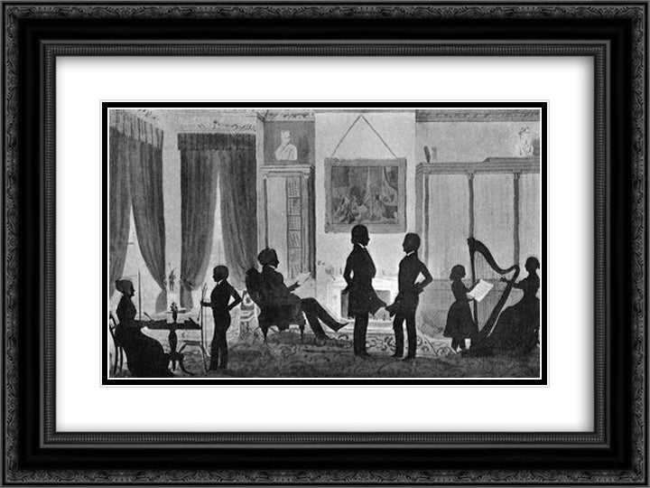 Portrait of Abbott Lawrence family in their library, No.5 Park Street, Boston 24x18 Black Ornate Wood Framed Art Print Poster with Double Matting by Edouart, Auguste