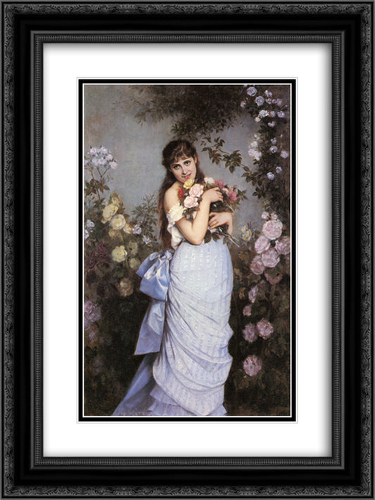 A Young Woman in a Rose Garden 18x24 Black Ornate Wood Framed Art Print Poster with Double Matting by Toulmouche, Auguste