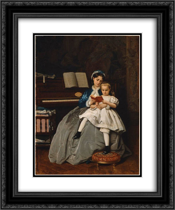 Reading Lesson 20x24 Black Ornate Wood Framed Art Print Poster with Double Matting by Toulmouche, Auguste