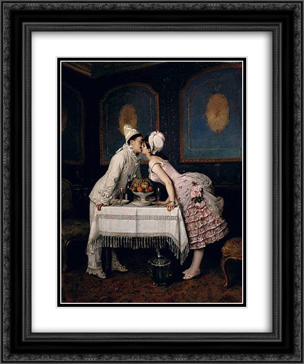 The Kiss 20x24 Black Ornate Wood Framed Art Print Poster with Double Matting by Toulmouche, Auguste