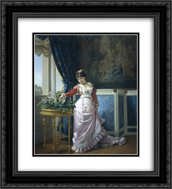 Watering the Flowers 20x22 Black Ornate Wood Framed Art Print Poster with Double Matting by Toulmouche, Auguste