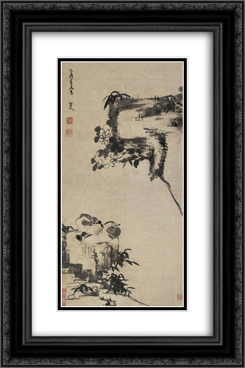 Bamboo, Rock, and Mandarin Ducks 16x24 Black Ornate Wood Framed Art Print Poster with Double Matting by Shanren, Bada
