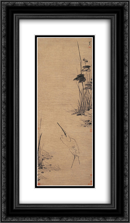 Egret by the Pool 14x24 Black Ornate Wood Framed Art Print Poster with Double Matting by Shanren, Bada