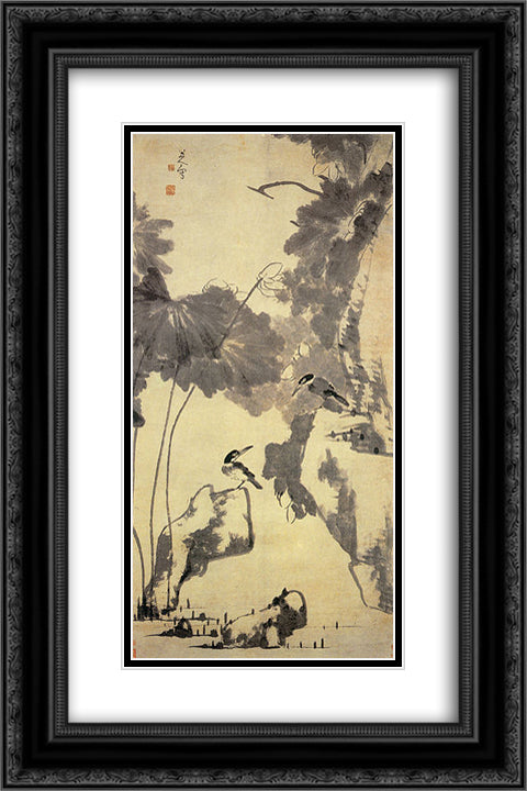 Lotus and Birds 16x24 Black Ornate Wood Framed Art Print Poster with Double Matting by Shanren, Bada