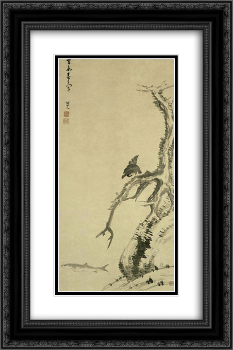 Mynah Bird on an Old Tree 16x24 Black Ornate Wood Framed Art Print Poster with Double Matting by Shanren, Bada