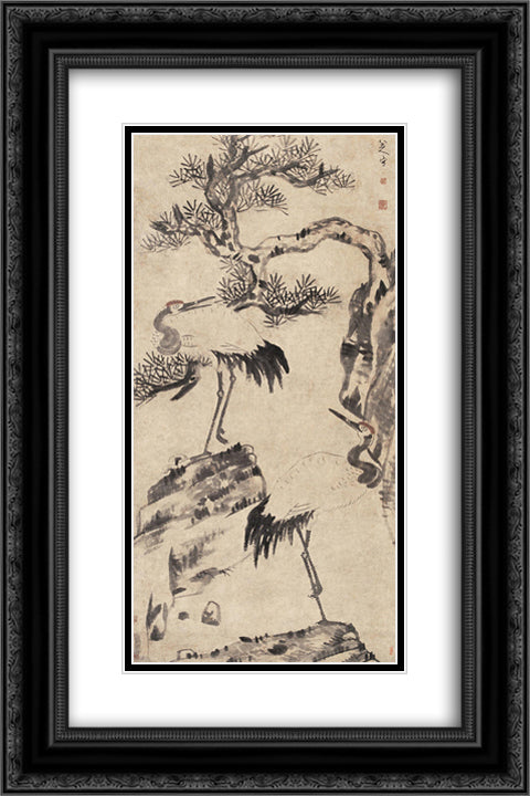 Pine and Cranes 16x24 Black Ornate Wood Framed Art Print Poster with Double Matting by Shanren, Bada
