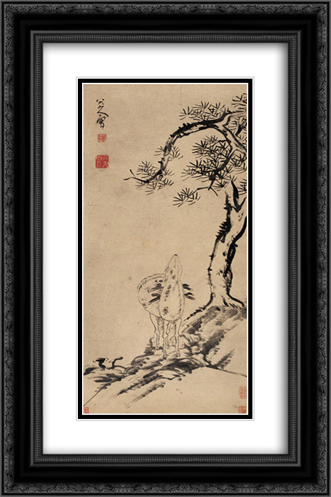 Pine and Deer 16x24 Black Ornate Wood Framed Art Print Poster with Double Matting by Shanren, Bada