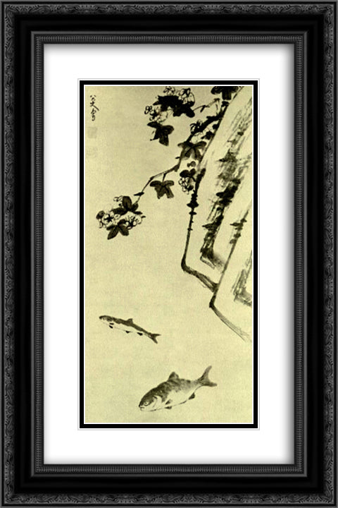 Rock and Two Fish 16x24 Black Ornate Wood Framed Art Print Poster with Double Matting by Shanren, Bada