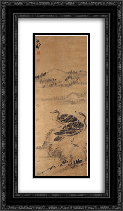 Two Wild Geese 14x24 Black Ornate Wood Framed Art Print Poster with Double Matting by Shanren, Bada