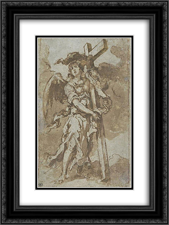 Angel Carrying the Cross 18x24 Black Ornate Wood Framed Art Print Poster with Double Matting by Murillo, Bartolome Esteban