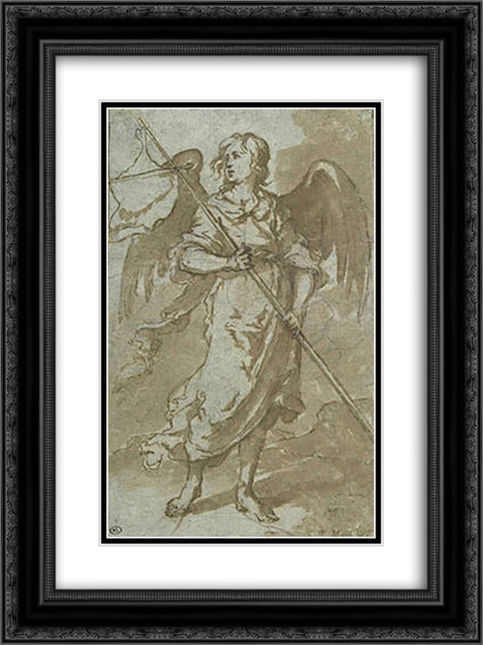 Angel holding a banner 18x24 Black Ornate Wood Framed Art Print Poster with Double Matting by Murillo, Bartolome Esteban