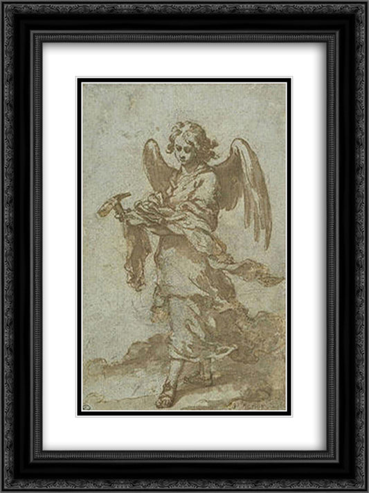 Angel holding a hammer and nails 18x24 Black Ornate Wood Framed Art Print Poster with Double Matting by Murillo, Bartolome Esteban