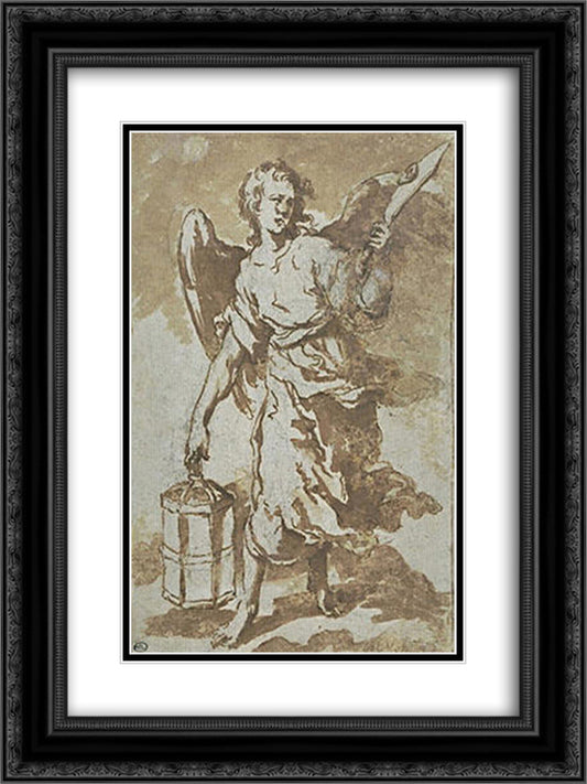 Angel holding the lantern and the sword that was used to cut the ear of Malchus 18x24 Black Ornate Wood Framed Art Print Poster with Double Matting by Murillo, Bartolome Esteban