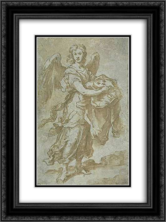 Angel holding the tunic and dice 18x24 Black Ornate Wood Framed Art Print Poster with Double Matting by Murillo, Bartolome Esteban