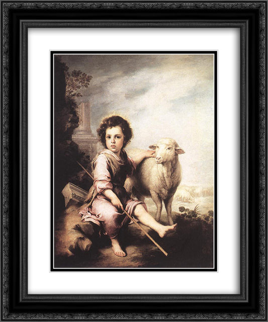 Christ the Good Shepherd 20x24 Black Ornate Wood Framed Art Print Poster with Double Matting by Murillo, Bartolome Esteban