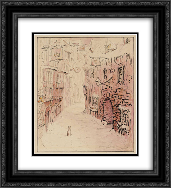 Simpkin in the Snowy Street 20x22 Black Ornate Wood Framed Art Print Poster with Double Matting by Potter, Beatrix