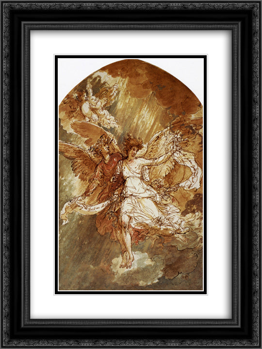 Angels Announcing the Birth of Our Savior 18x24 Black Ornate Wood Framed Art Print Poster with Double Matting by West, Benjamin