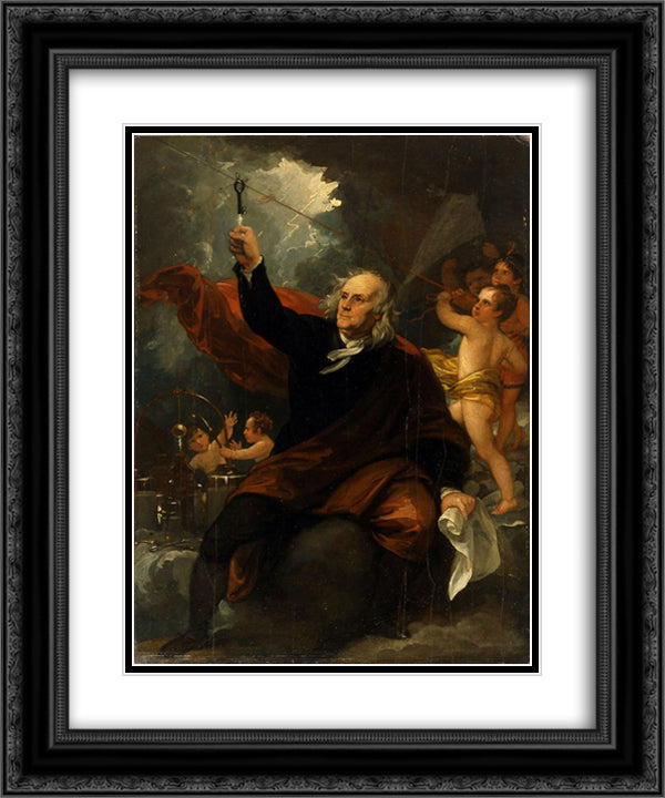 Benjamin Franklin Drawing Electricity from the Sky 20x24 Black Ornate Wood Framed Art Print Poster with Double Matting by West, Benjamin