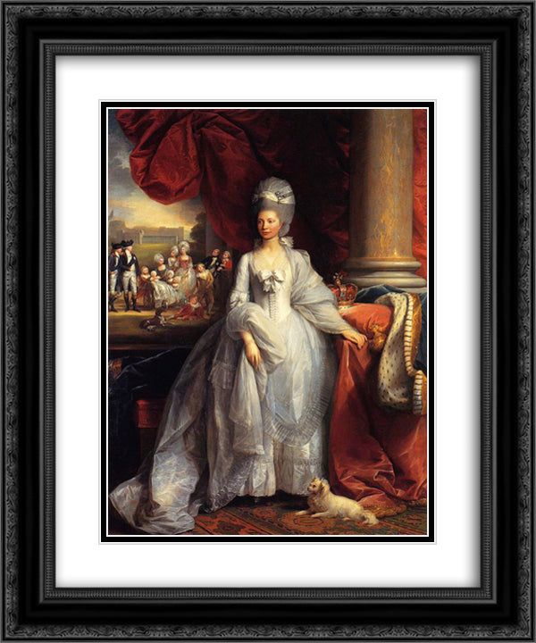 Portrait of Queen Charlotte of the United Kingdom, with Windsor and the royal family in the background 20x24 Black Ornate Wood Framed Art Print Poster with Double Matting by West, Benjamin