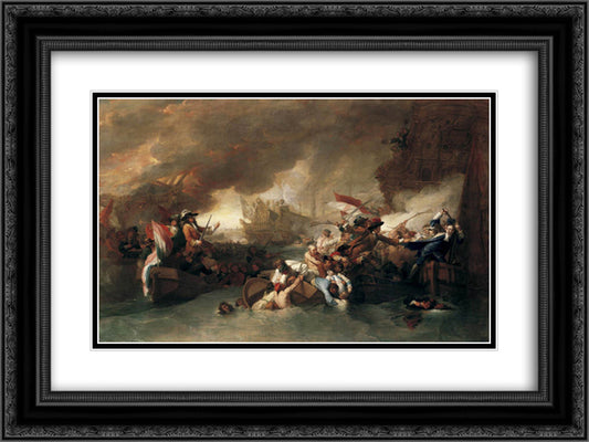 The Battle of La Hogue, Destruction of the French fleet, May 22, 1692 24x18 Black Ornate Wood Framed Art Print Poster with Double Matting by West, Benjamin