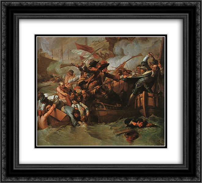 The Battle of La Hogue, Destruction of the French fleet, May 22, 1692 (detail) 22x20 Black Ornate Wood Framed Art Print Poster with Double Matting by West, Benjamin