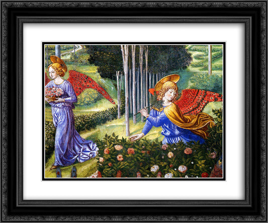Angel Gathering Flowers in a Heavenly Landscape (detail) 24x20 Black Ornate Wood Framed Art Print Poster with Double Matting by Gozzoli, Benozzo