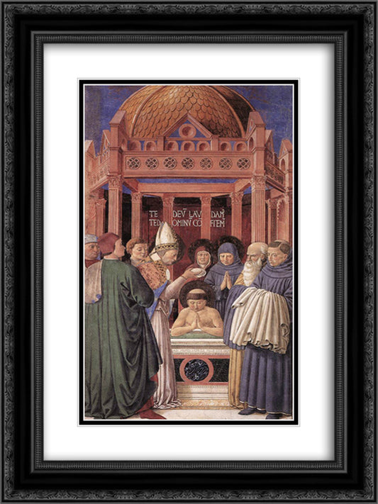 Baptism of St. Augustine 18x24 Black Ornate Wood Framed Art Print Poster with Double Matting by Gozzoli, Benozzo