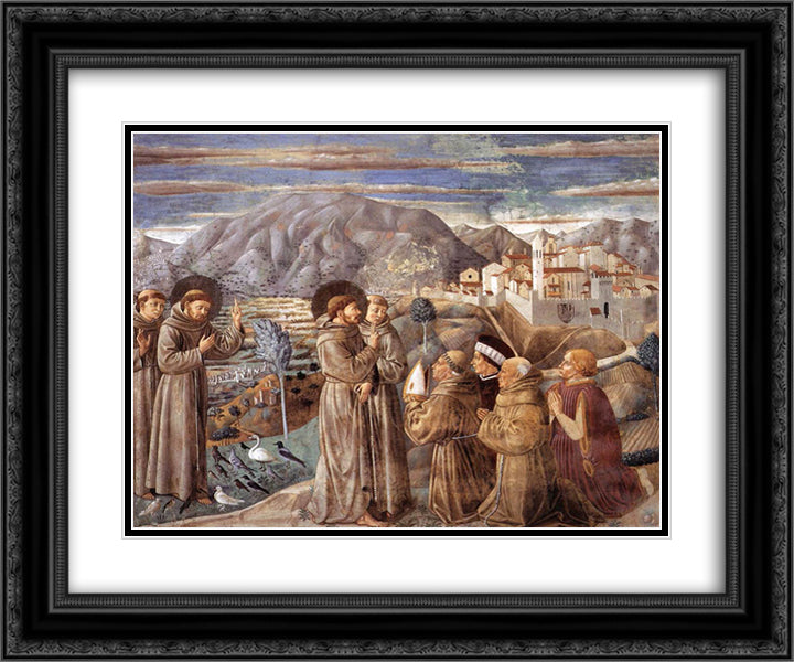 Preaching to the Birds and Blessing Montefalco 24x20 Black Ornate Wood Framed Art Print Poster with Double Matting by Gozzoli, Benozzo