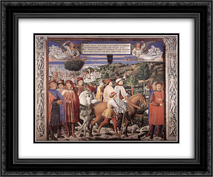 St. Augustine Departing for Milan 24x20 Black Ornate Wood Framed Art Print Poster with Double Matting by Gozzoli, Benozzo