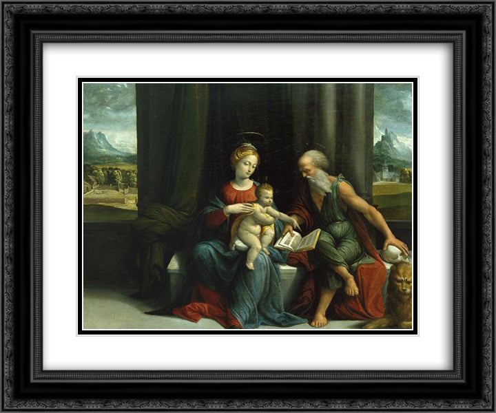 Madonna and Child and St Jerome 24x20 Black Ornate Wood Framed Art Print Poster with Double Matting by Tisi, Benvenuto