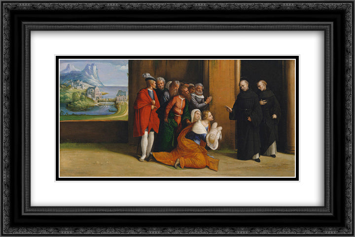 Saint Nicholas of Tolentino Reviving a Child 24x16 Black Ornate Wood Framed Art Print Poster with Double Matting by Tisi, Benvenuto