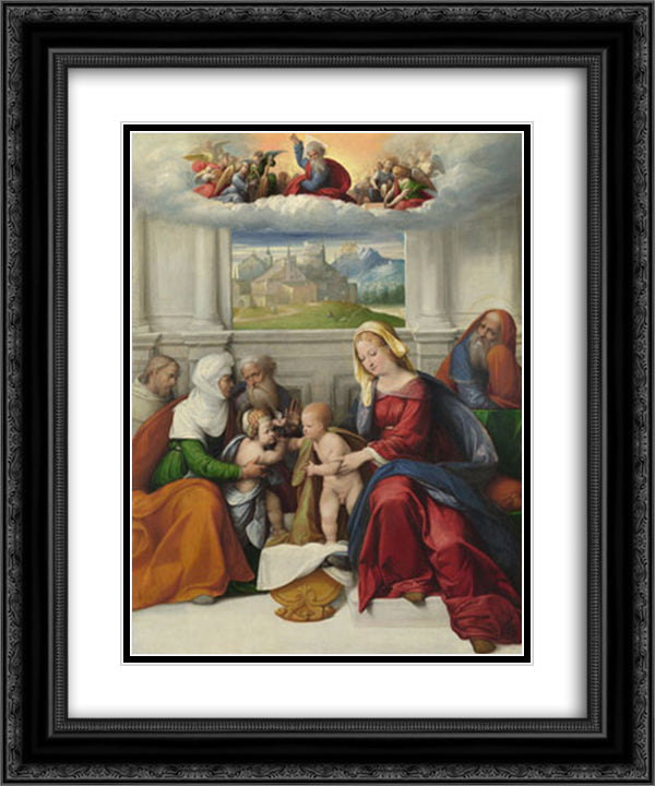 The Holy Family with Saints 20x24 Black Ornate Wood Framed Art Print Poster with Double Matting by Tisi, Benvenuto