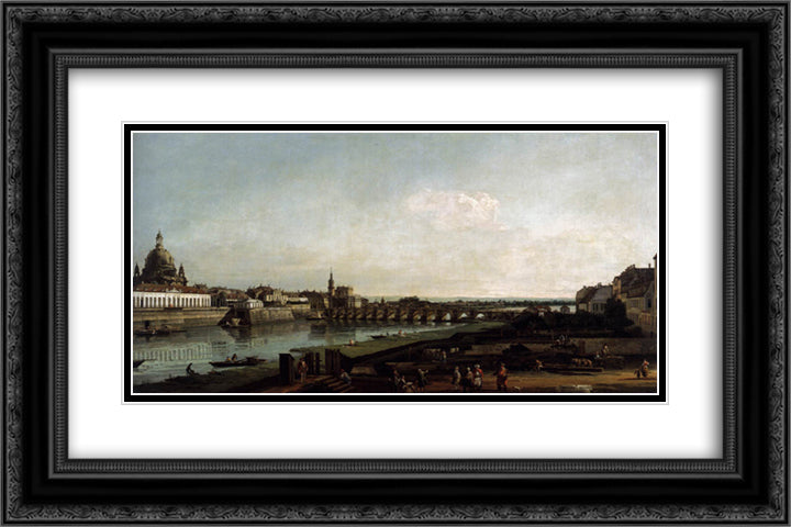 Dresden from the Right Bank of the Elbe, above the Augustusbrucke 24x16 Black Ornate Wood Framed Art Print Poster with Double Matting by Bellotto, Bernardo