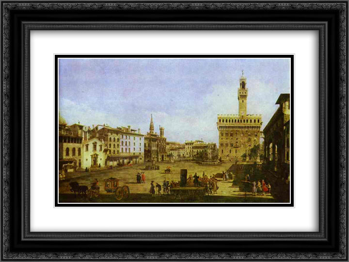 Signoria Square in Florence 24x18 Black Ornate Wood Framed Art Print Poster with Double Matting by Bellotto, Bernardo