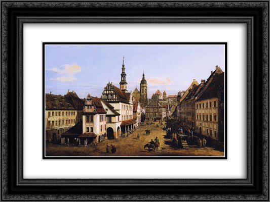 The Marketplace at Pirna 24x18 Black Ornate Wood Framed Art Print Poster with Double Matting by Bellotto, Bernardo