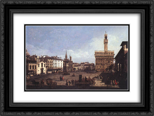 The Piazza della Signoria in Florence 24x18 Black Ornate Wood Framed Art Print Poster with Double Matting by Bellotto, Bernardo