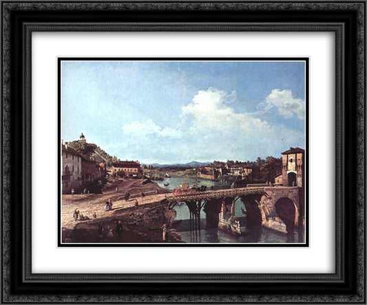 View of an Old Bridge Over the River Po, Turin 24x20 Black Ornate Wood Framed Art Print Poster with Double Matting by Bellotto, Bernardo