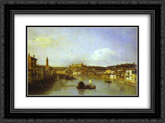 View of Verona and the River Adige from the Ponte Nuovo 24x18 Black Ornate Wood Framed Art Print Poster with Double Matting by Bellotto, Bernardo