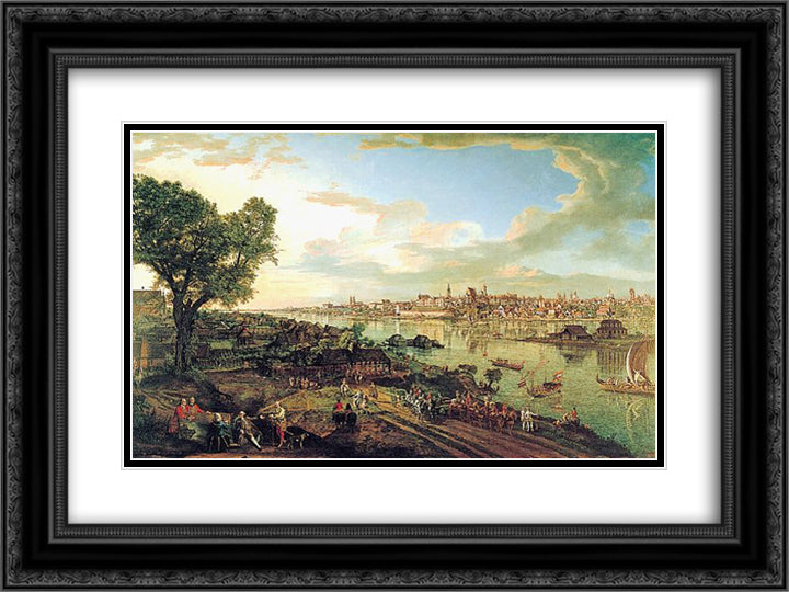 View of Warsaw from Praga 24x18 Black Ornate Wood Framed Art Print Poster with Double Matting by Bellotto, Bernardo